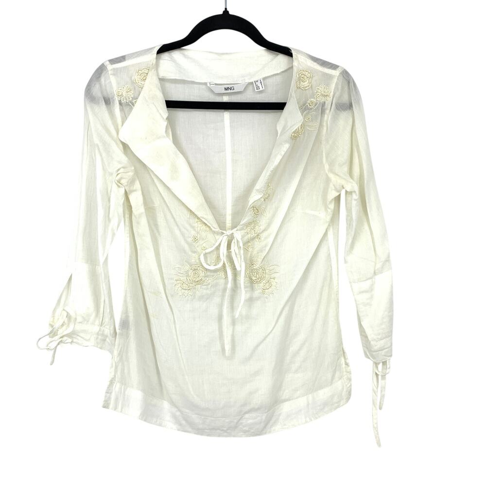MNG Mango 3/4 Sleeve Popover Blouse Womens Size 4 White Boho Embroidered Beaded